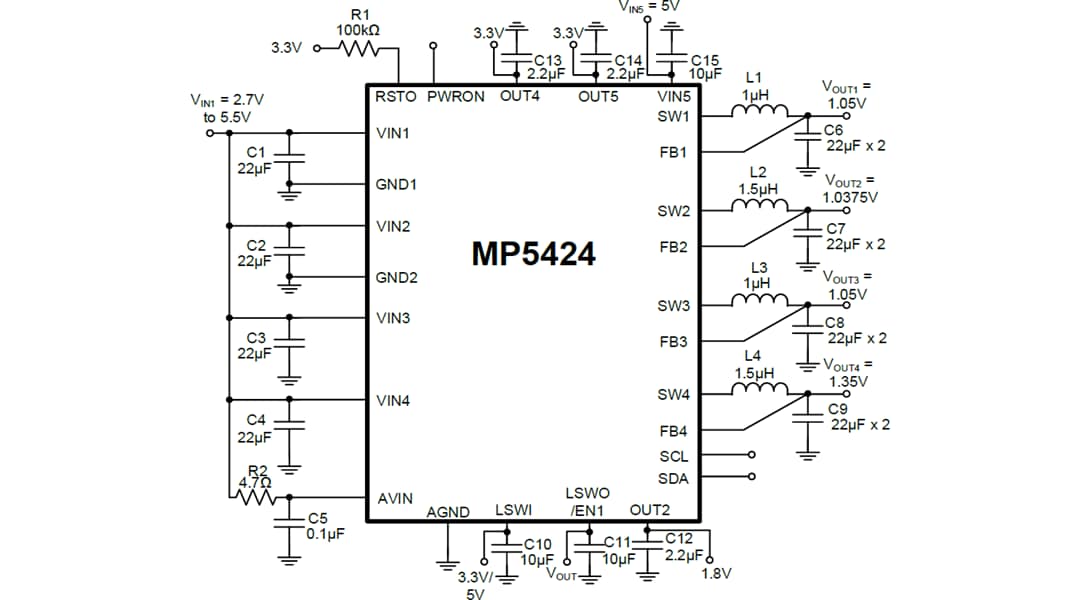 Application Circuit Diagram - Monolithic Power Systems (MPS) MP5424 Power Management Integrated Circuit (PMIC)