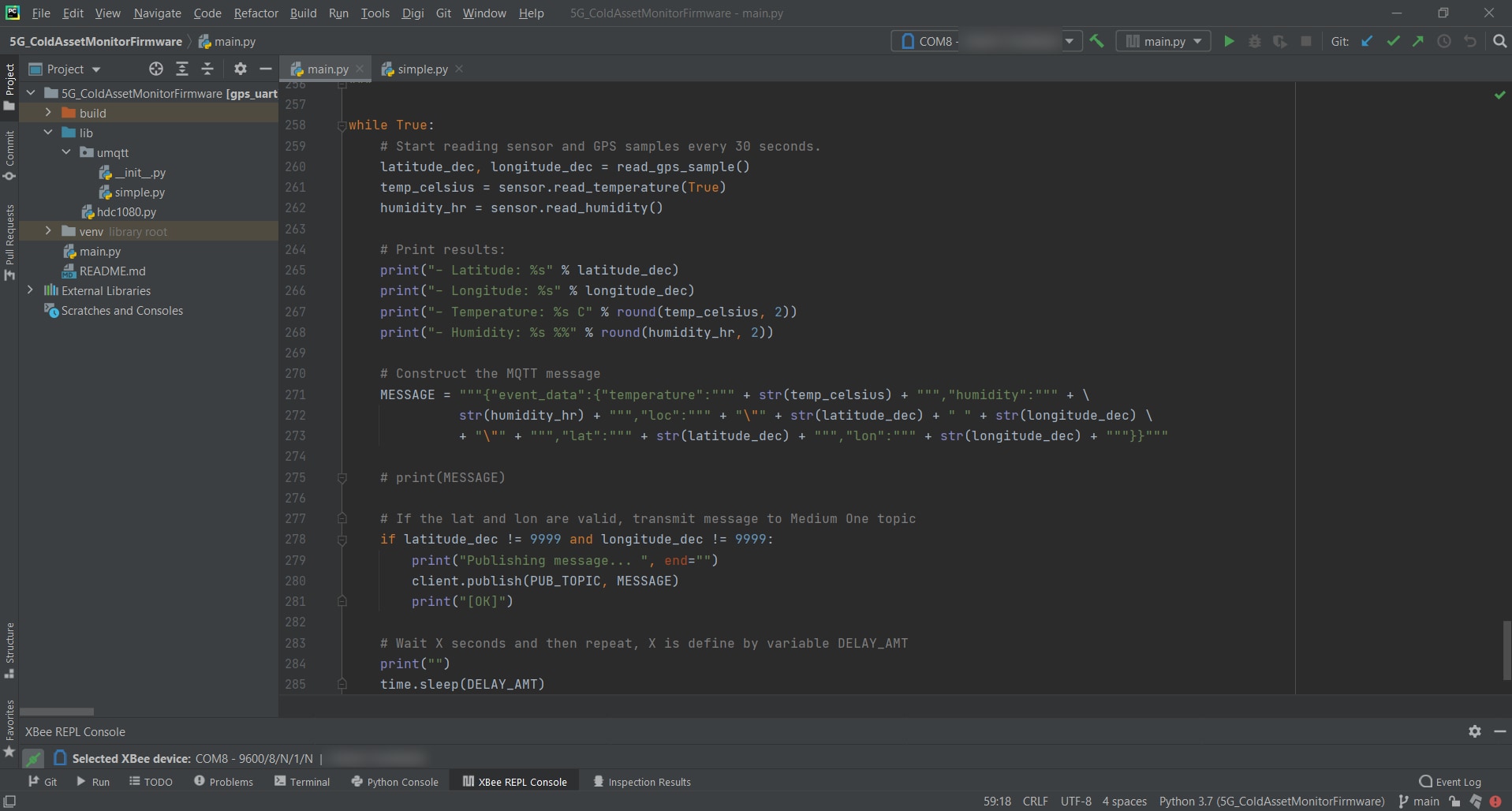 Firmware development is completed in PyCharm IDE with Digi's MicroPython plugin