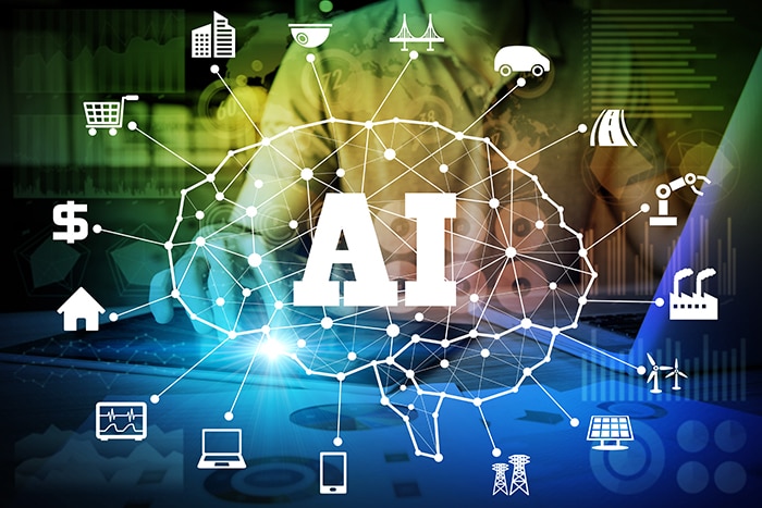 brain symbol labeled AI surrounded by logos representing app the applications AI and Cloud Computation could improve