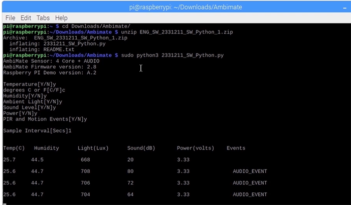 Terminal output of the Ambimate Sensor data