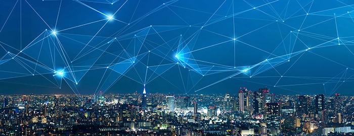 Smart city and communication network concept. 5G. LPWA (Low Power Wide Area). Wireless communication.