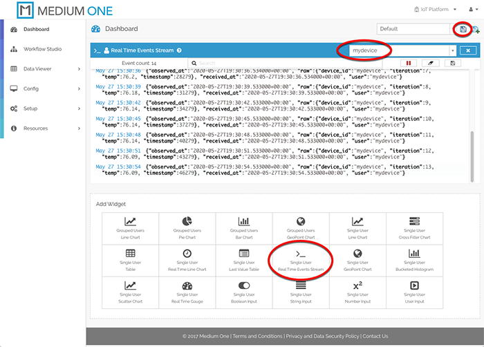 Messages can be seen in the Real Time Events Stream widget.